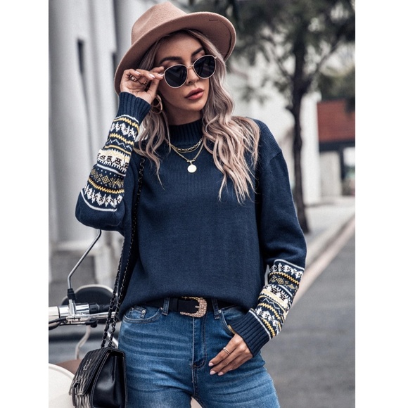 Navy Blue High Neck Sweater Nordic Geometric Tribal Aztec Print Pullover Knit - Picture 6 of 9